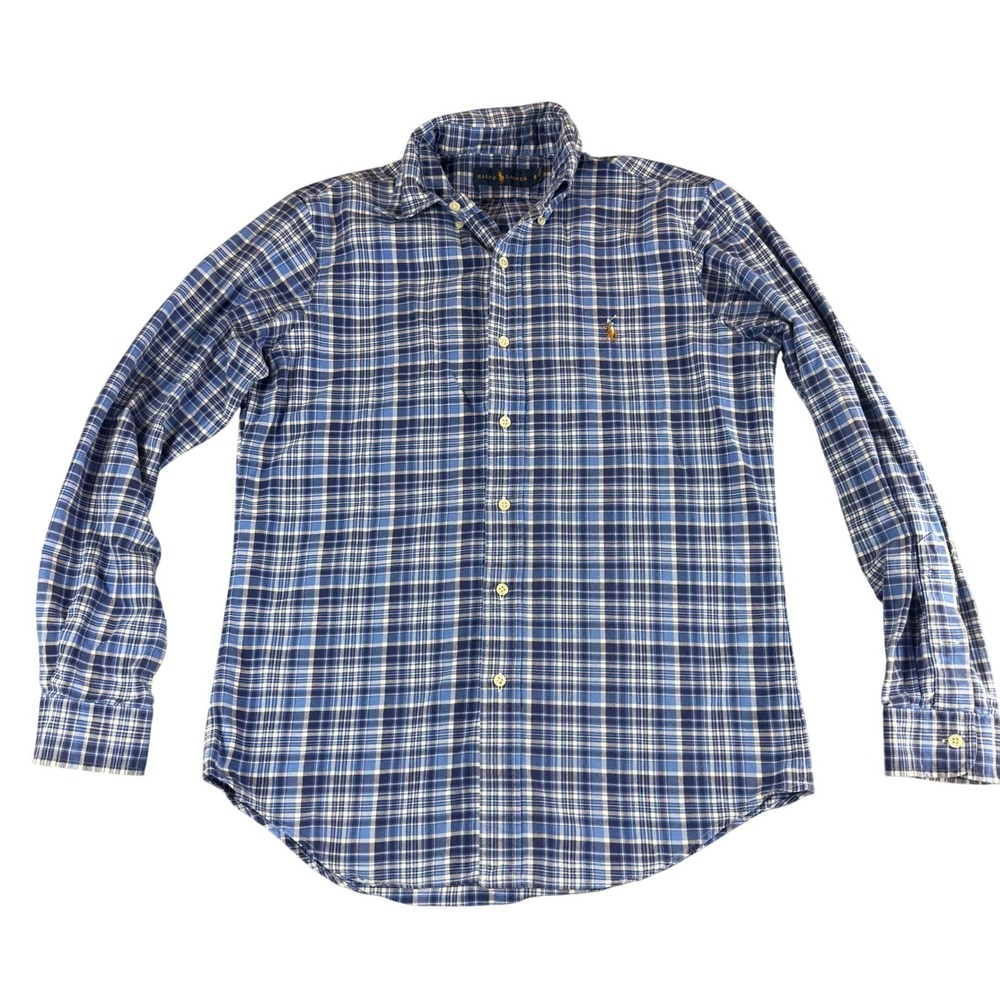 Ralph Lauren Mens Small Blue White Plaid Cotton Button‎ Down Shirt Long Sleeve